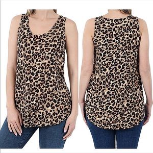 Brown Leopard Animal Print Tunic Length Sleeveless Tank Top XL